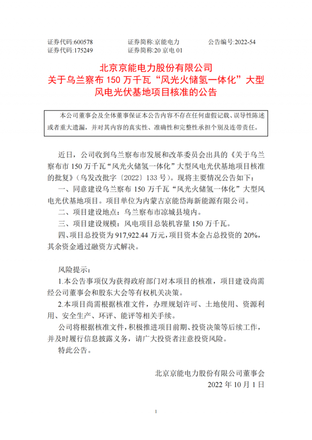 京能電力150萬(wàn)千瓦“風(fēng)光火儲(chǔ)氫”基地獲批！