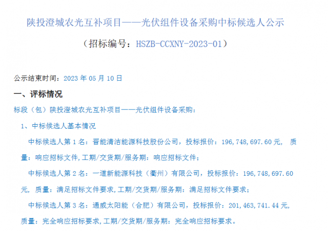 最低1.61元/W！這些企業(yè)擬中標(biāo)陜投澄城農(nóng)光互補(bǔ)項(xiàng)目組件采購